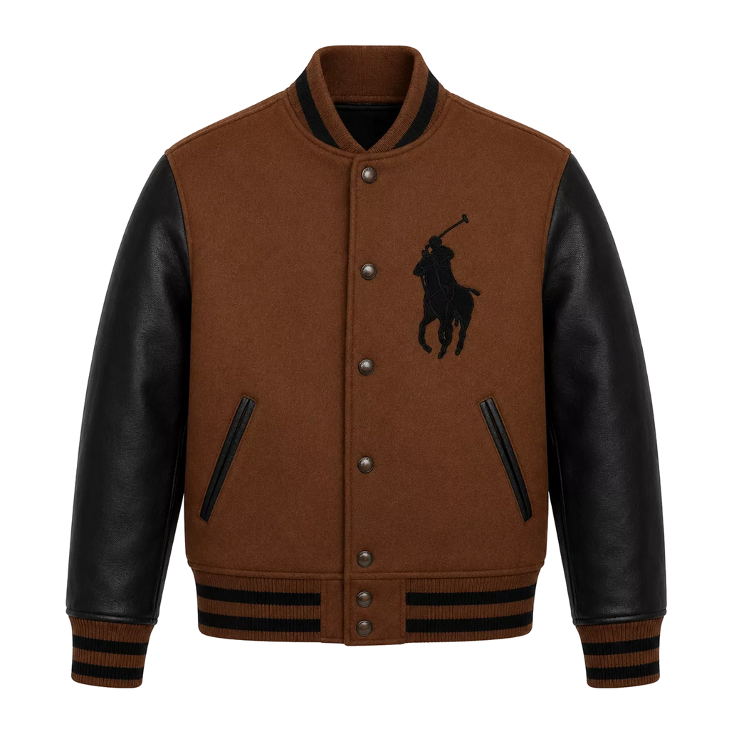 Men’s Brown Black Polo Rider Varsity Jacket | Leather Sleeve Letterman Jacket