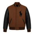 Men’s Brown Black Polo Rider Varsity Jacket | Leather Sleeve Letterman Jacket