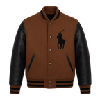 Men’s Brown Black Polo Rider Varsity Jacket | Leather Sleeve Letterman Jacket