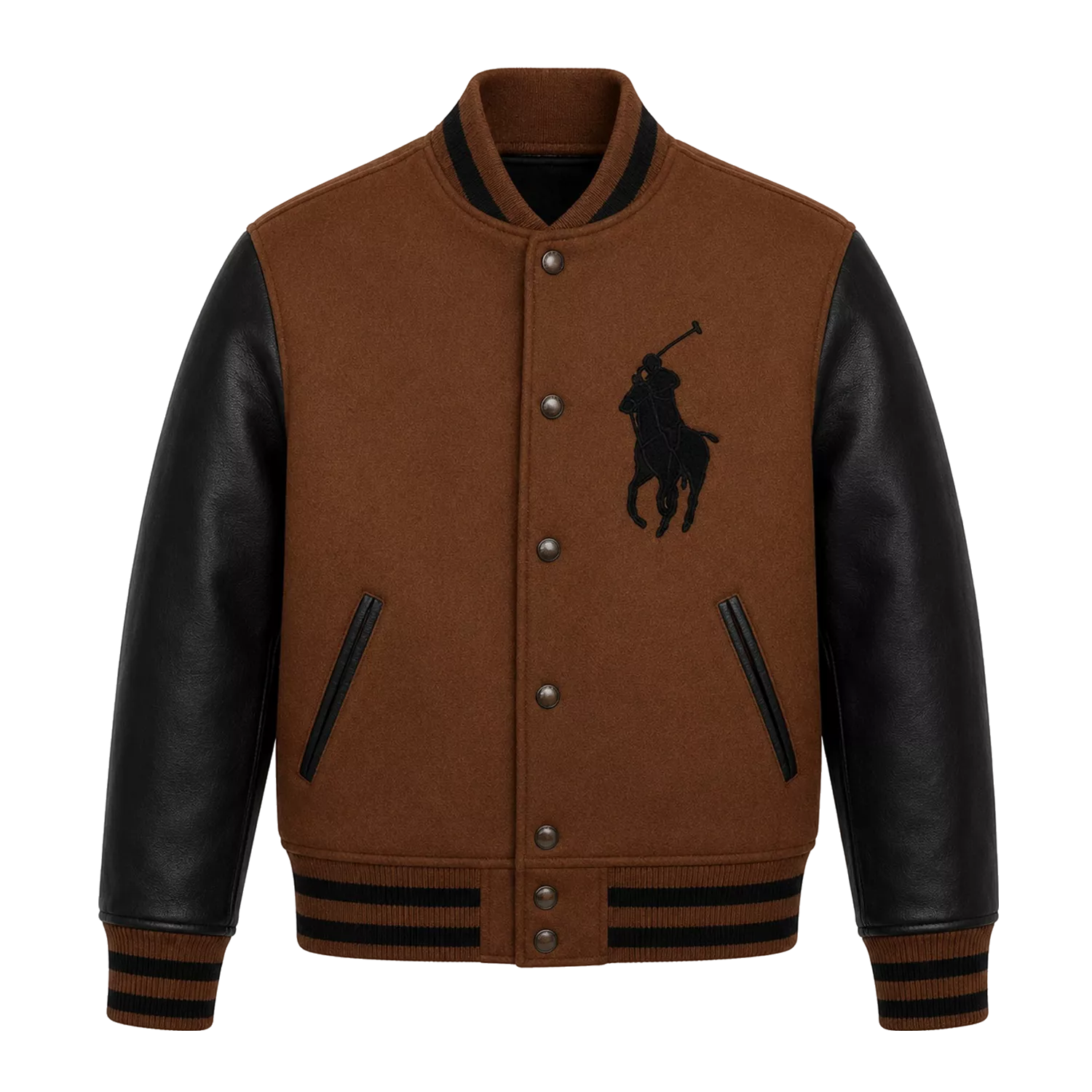 Men’s Brown Black Polo Rider Varsity Jacket | Leather Sleeve Letterman Jacket