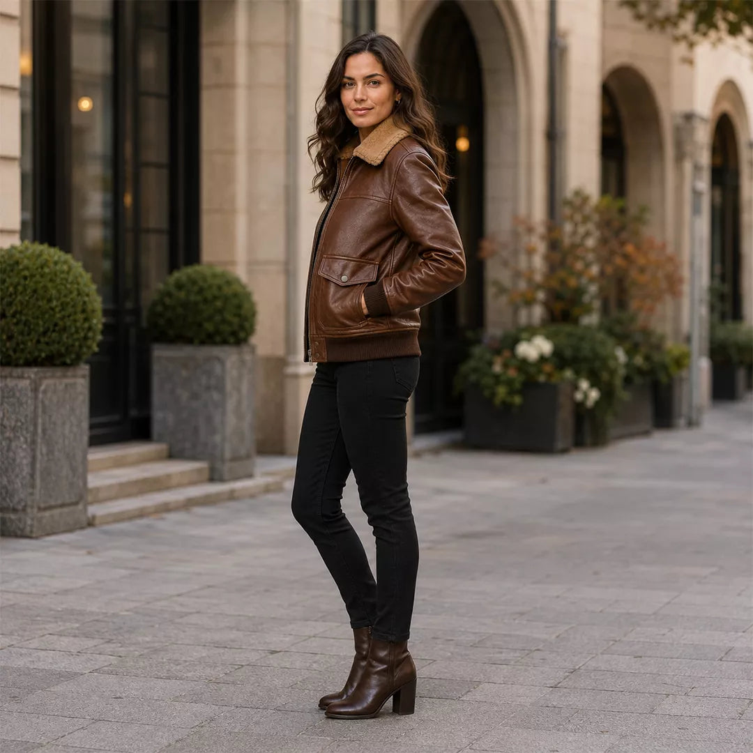 Women’s Brown Leather Aviator Bomber Jacket | Shearling Collar Flight Jacket