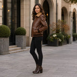 Women’s Brown Leather Aviator Bomber Jacket | Shearling Collar Flight Jacket