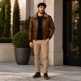 Men’s Brown Leather Aviator Bomber Jacket | Shearling Collar Flight Jacket