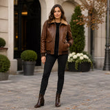 Women’s Brown Leather Aviator Bomber Jacket | Shearling Collar Flight Jacket