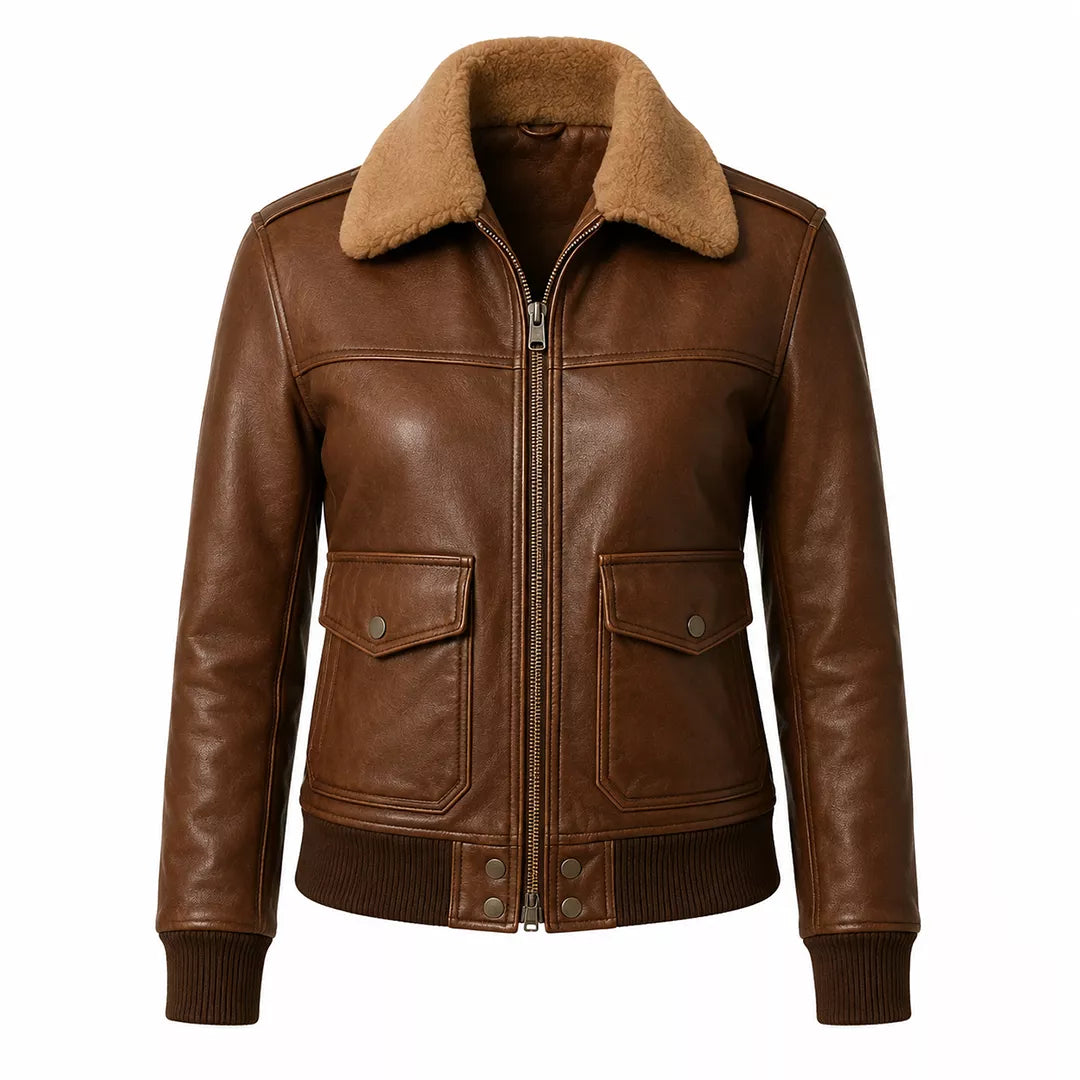 Women’s Brown Leather Aviator Bomber Jacket | Shearling Collar Flight Jacket