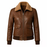 Women’s Brown Leather Aviator Bomber Jacket | Shearling Collar Flight Jacket