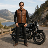 Men’s Brown Leather Waistcoat | Zip Front Biker Vest