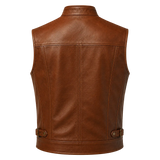 Men’s Brown Leather Waistcoat | Zip Front Biker Vest