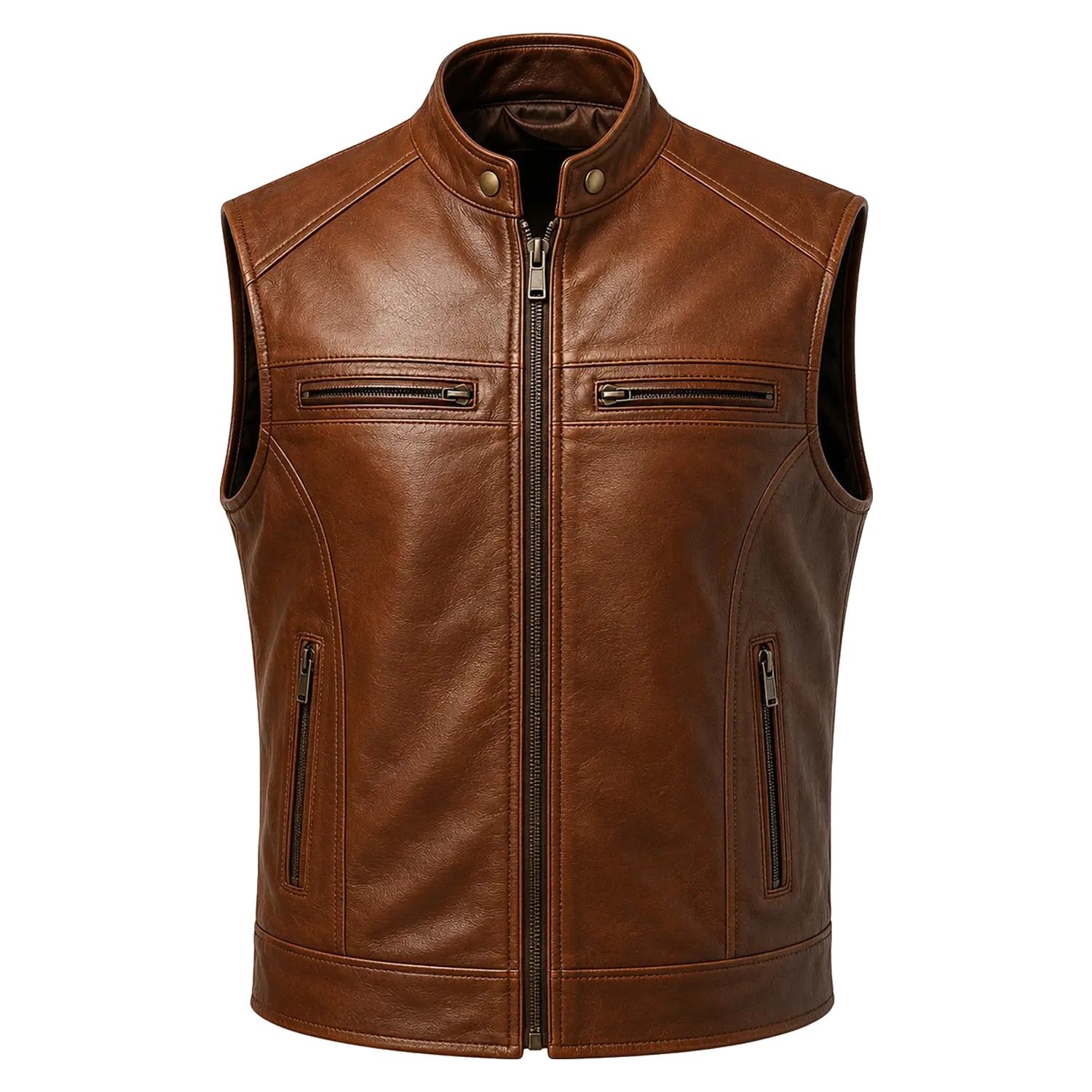 Men’s Brown Leather Waistcoat | Zip Front Biker Vest