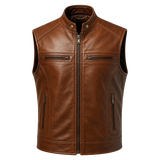 Men’s Brown Leather Waistcoat | Zip Front Biker Vest