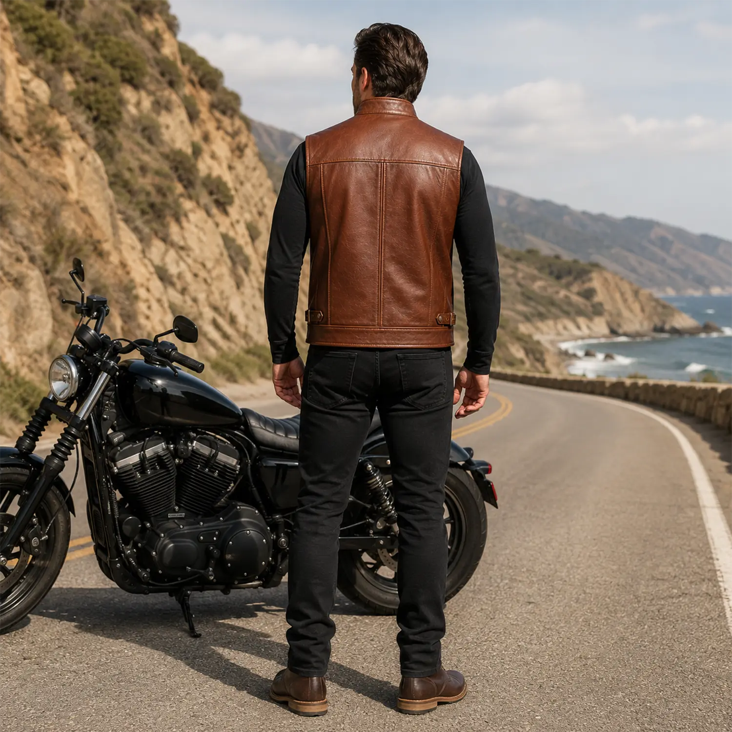 Men’s Brown Leather Waistcoat | Zip Front Biker Vest