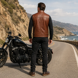 Men’s Brown Leather Waistcoat | Zip Front Biker Vest