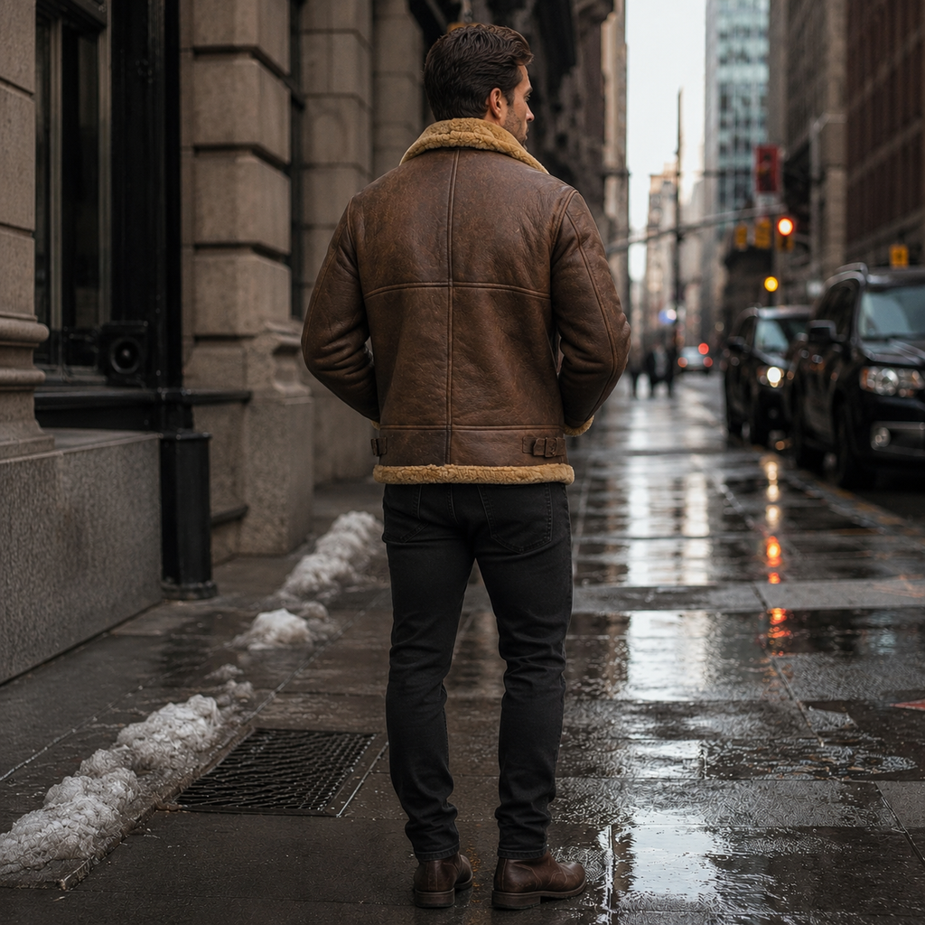 Men's Brown RAF Shearling Leather Jacket – Faux Sheepskin Lined Winter Coat