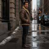 Men's Brown RAF Shearling Leather Jacket – Faux Sheepskin Lined Winter Coat