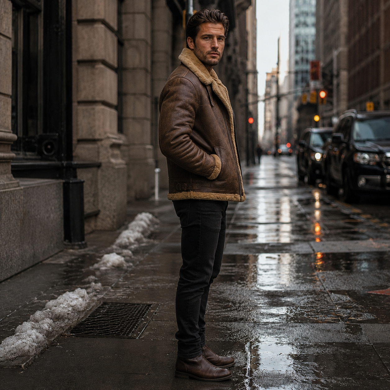 Men's Brown RAF Shearling Leather Jacket – Faux Sheepskin Lined Winter Coat
