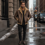 Men's Brown RAF Shearling Leather Jacket – Faux Sheepskin Lined Winter Coat