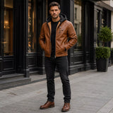 Men’s Brown Sherpa-Lined Leather Jacket | Hooded Biker Style