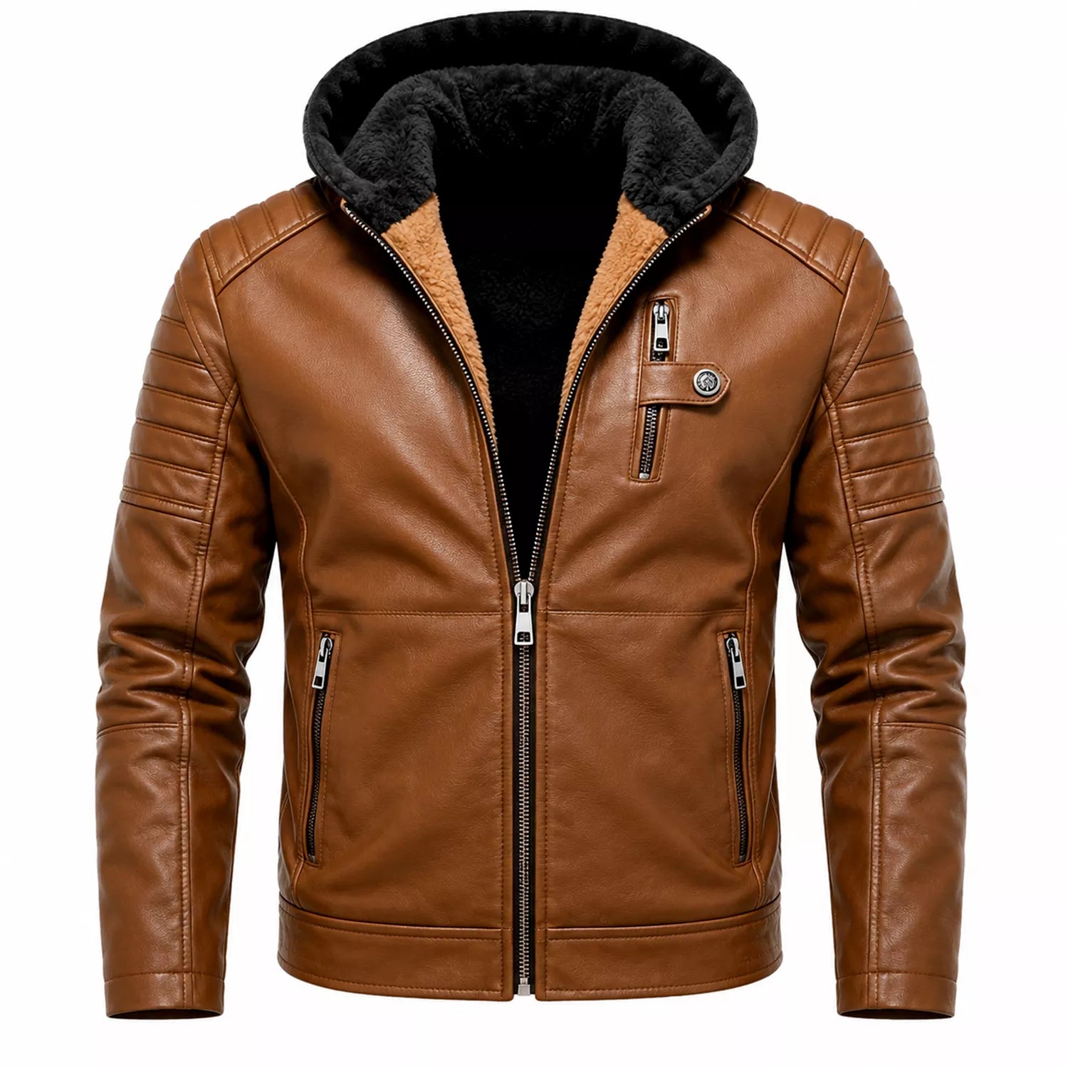 Men’s Brown Sherpa-Lined Leather Jacket | Hooded Biker Style