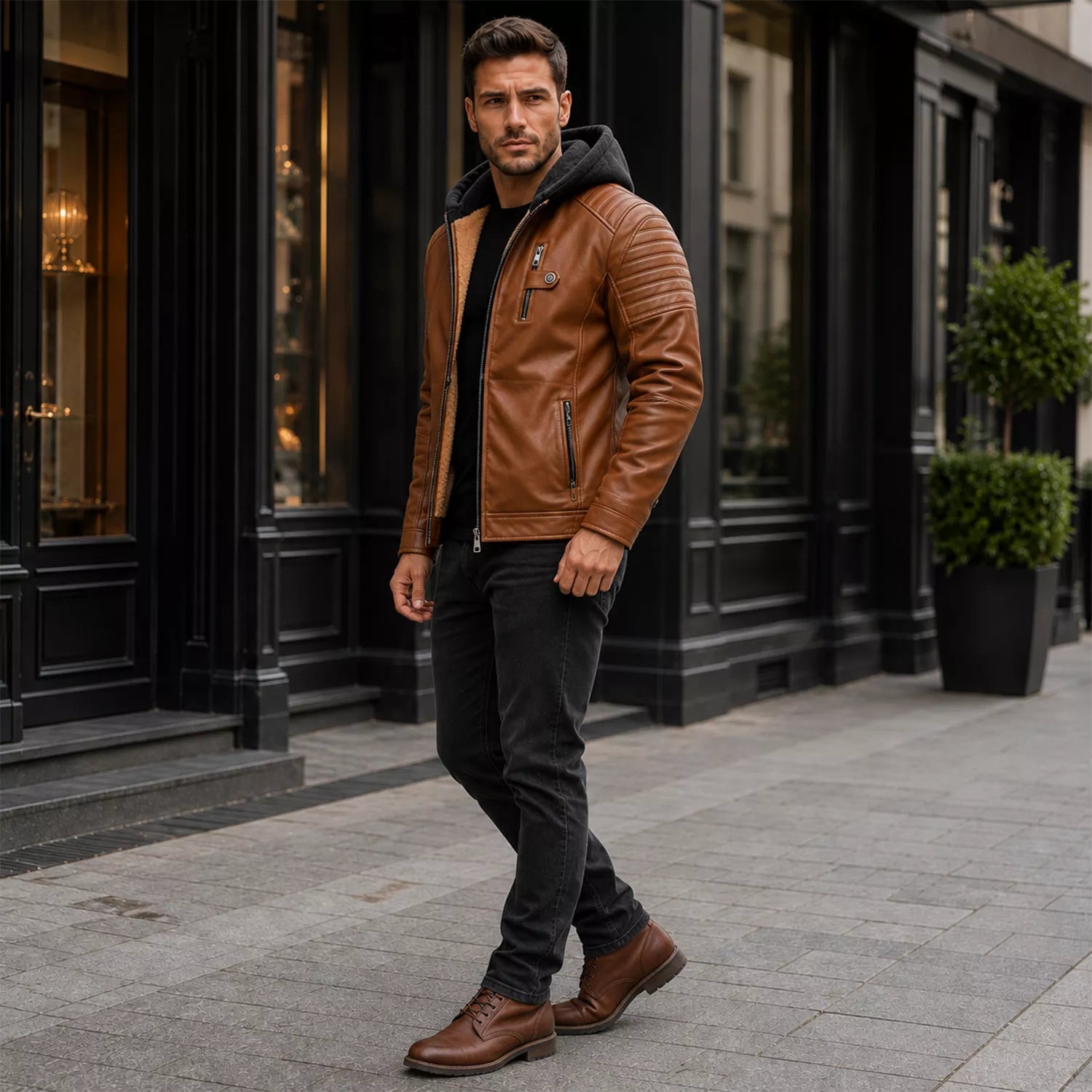 Men’s Brown Sherpa-Lined Leather Jacket | Hooded Biker Style