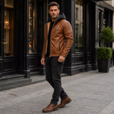 Men’s Brown Sherpa-Lined Leather Jacket | Hooded Biker Style