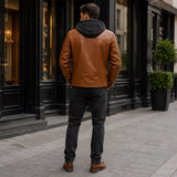 Men’s Brown Sherpa-Lined Leather Jacket | Hooded Biker Style