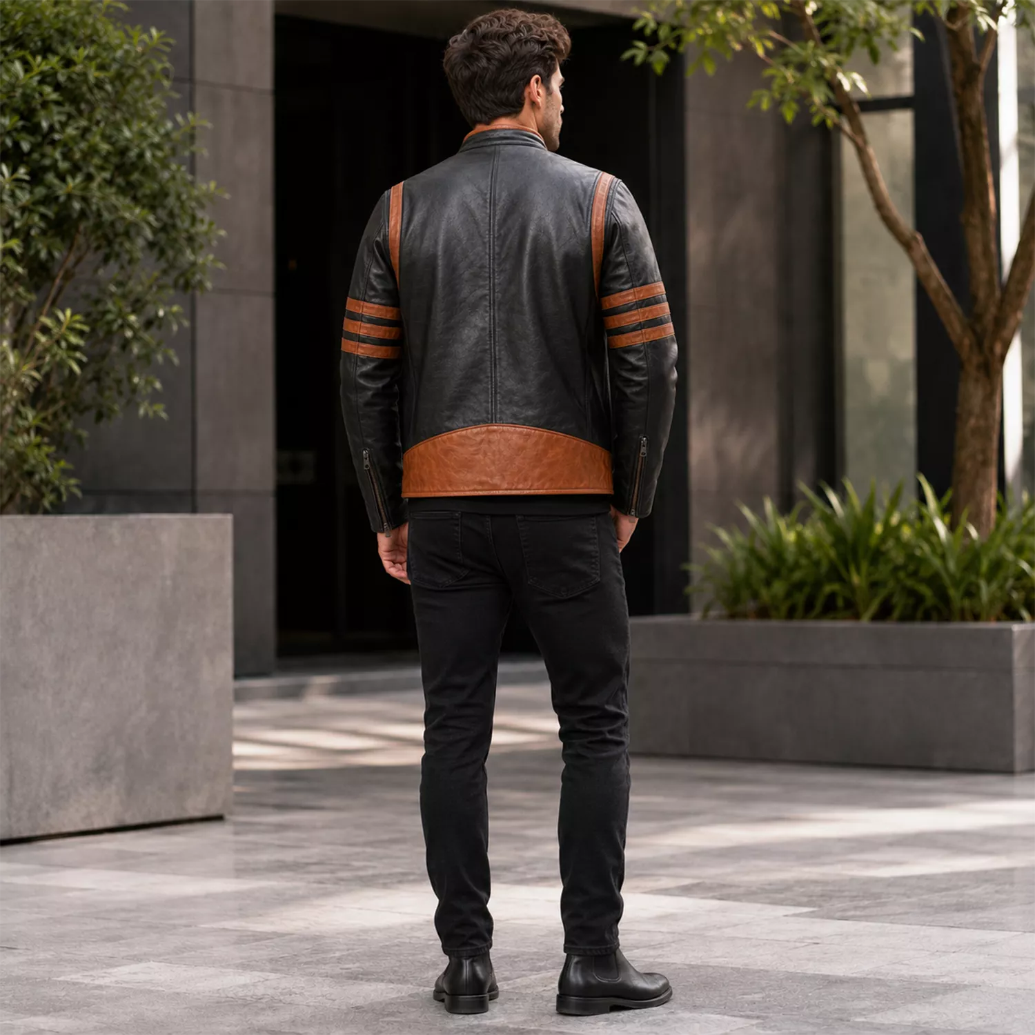 Men’s Brown Stripes Leather Biker Jacket | Vintage Racer Style