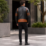 Men’s Brown Stripes Leather Biker Jacket | Vintage Racer Style