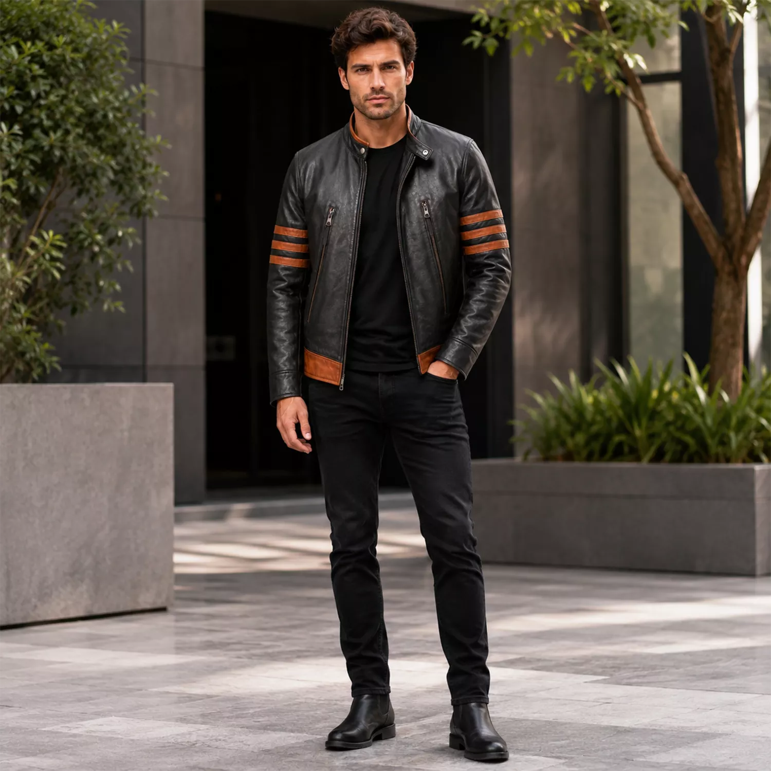 Men’s Brown Stripes Leather Biker Jacket | Vintage Racer Style