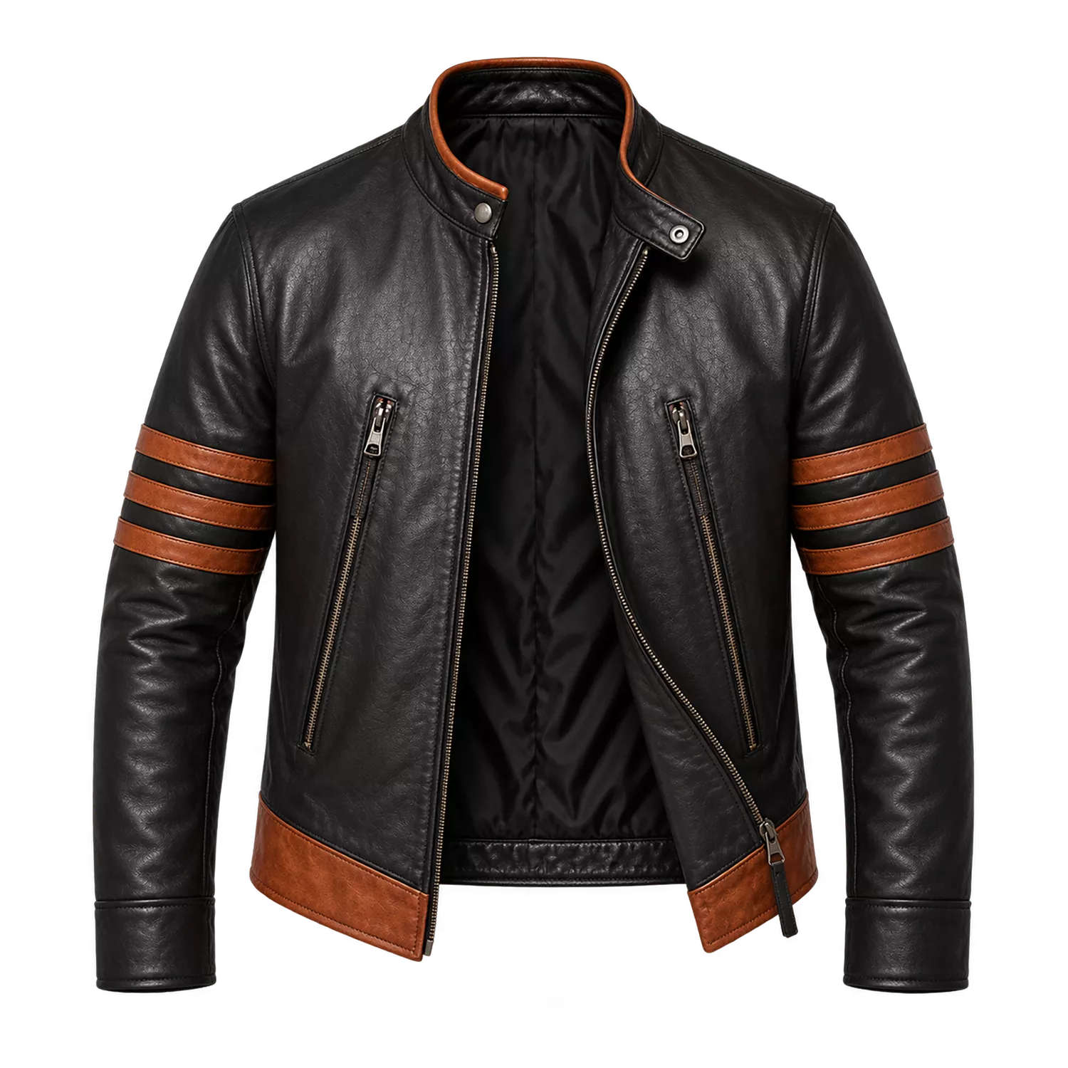 Men’s Brown Stripes Leather Biker Jacket | Vintage Racer Style