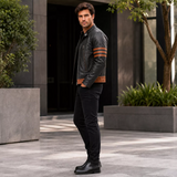 Men’s Brown Stripes Leather Biker Jacket | Vintage Racer Style