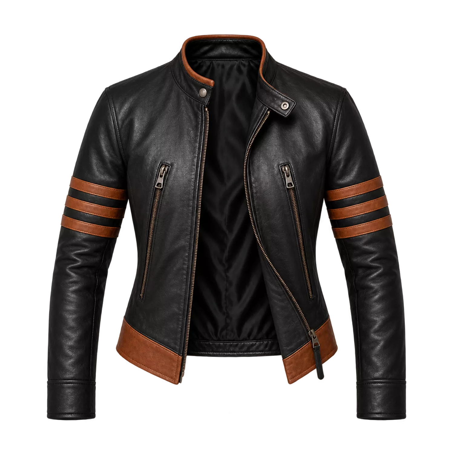 Women’s Brown Stripes Leather Biker Jacket | Vintage Racer Style