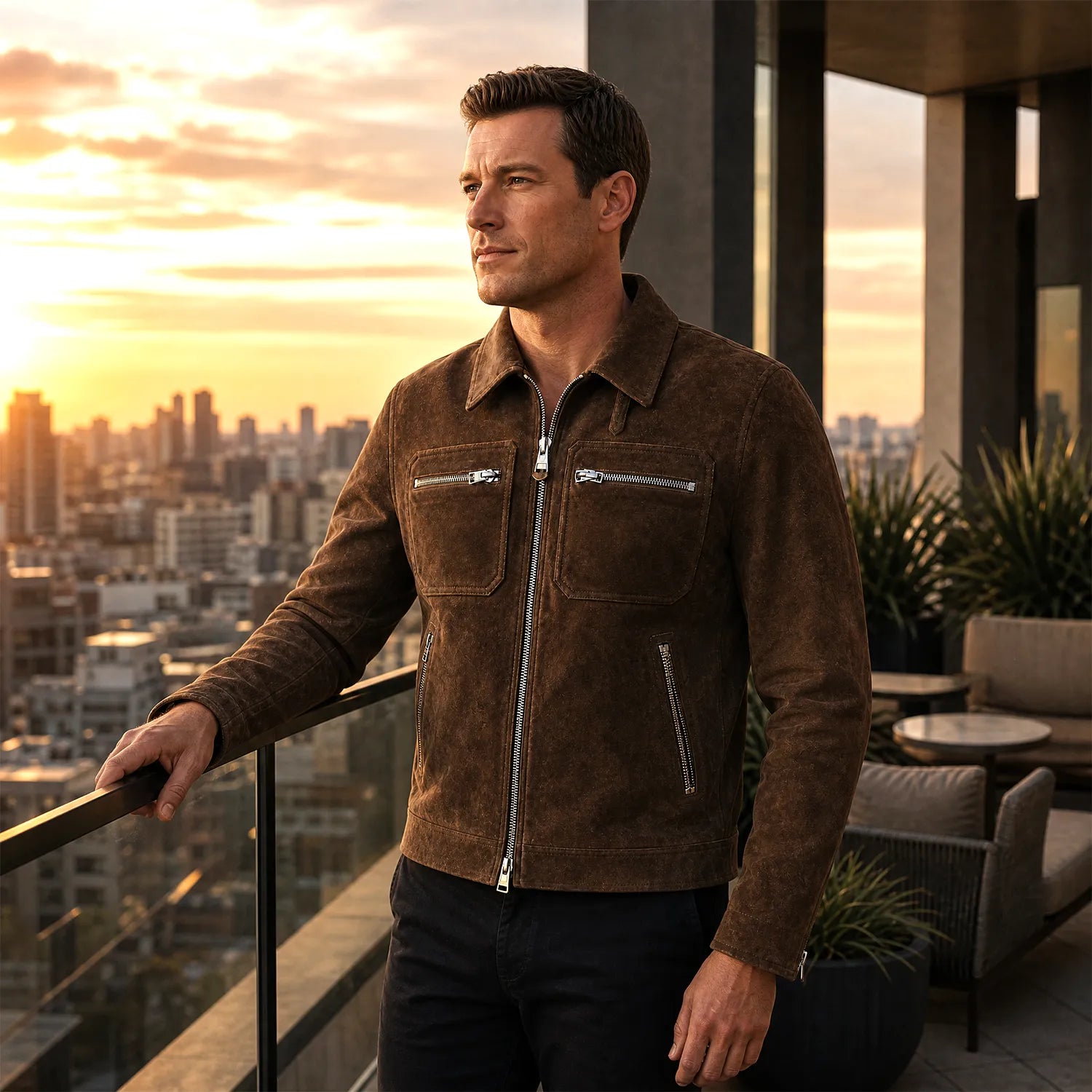 Men’s Brown Suede Jacket | Premium Leather Zip Up Jacket with Pockets