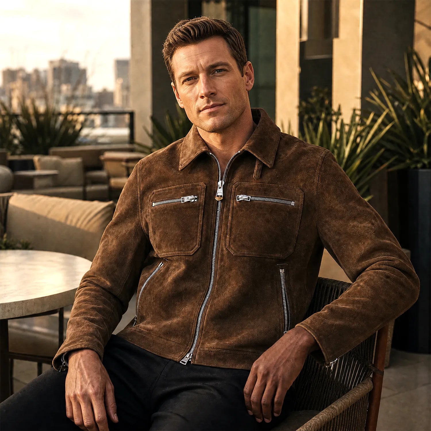 Men’s Brown Suede Jacket | Premium Leather Zip Up Jacket with Pockets