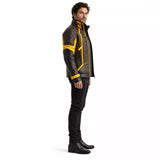 Men’s Brown Yellow Leather Moto Jacket | High Collar Biker Style Jacket