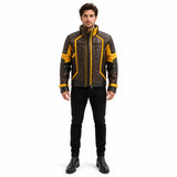 Men’s Brown Yellow Leather Moto Jacket | High Collar Biker Style Jacket