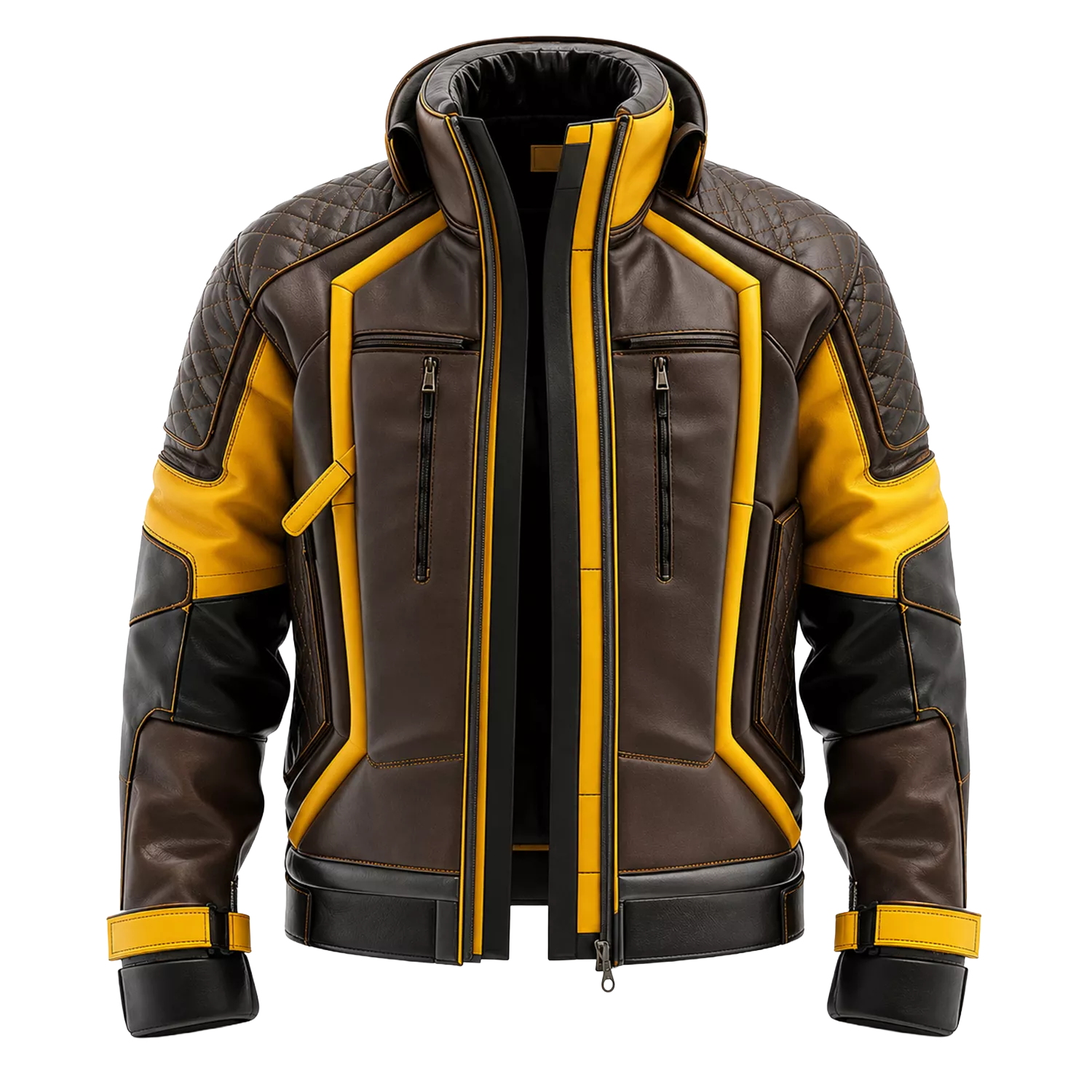 Men’s Brown Yellow Leather Moto Jacket | High Collar Biker Style Jacket