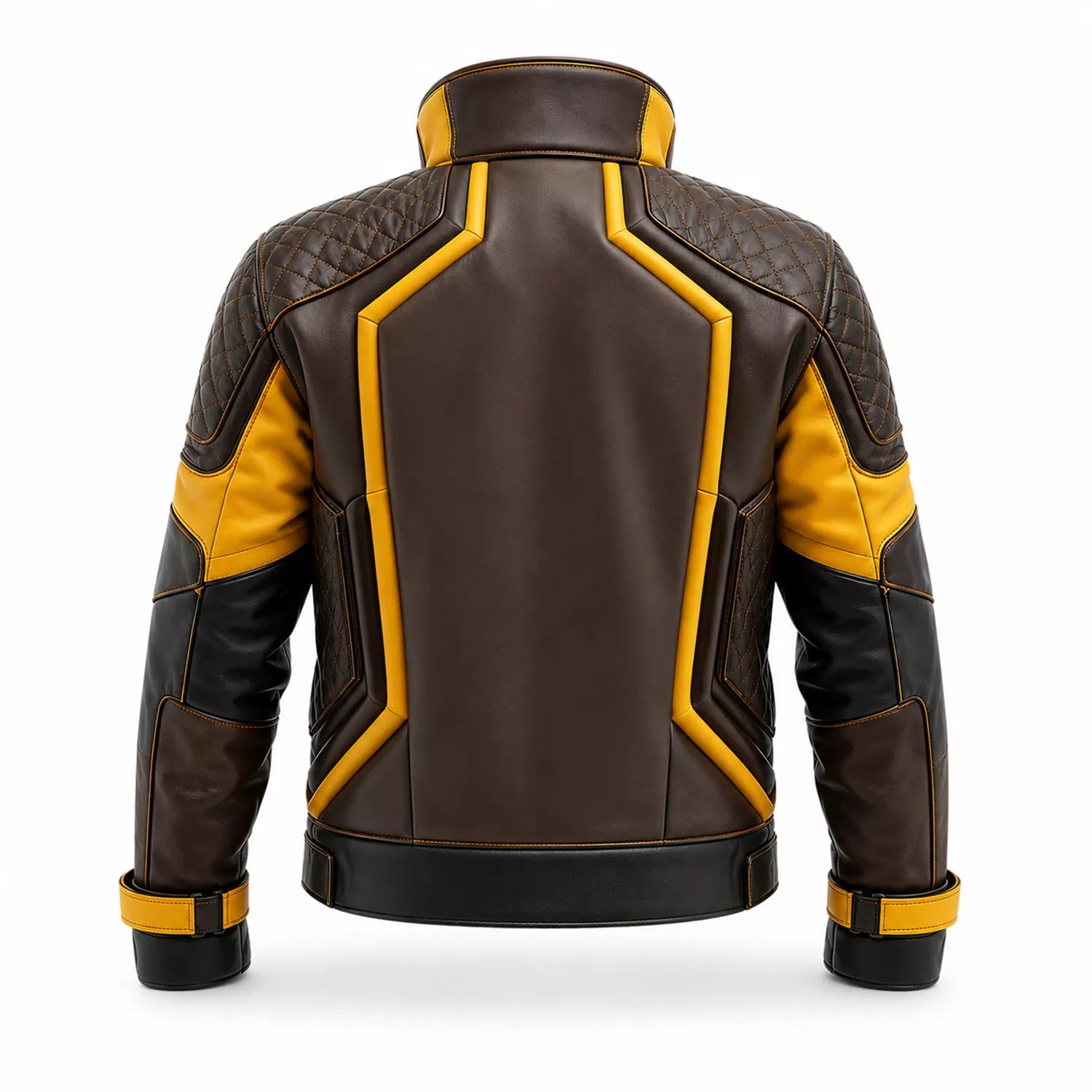 Men’s Brown Yellow Leather Moto Jacket | High Collar Biker Style Jacket