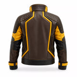 Men’s Brown Yellow Leather Moto Jacket | High Collar Biker Style Jacket