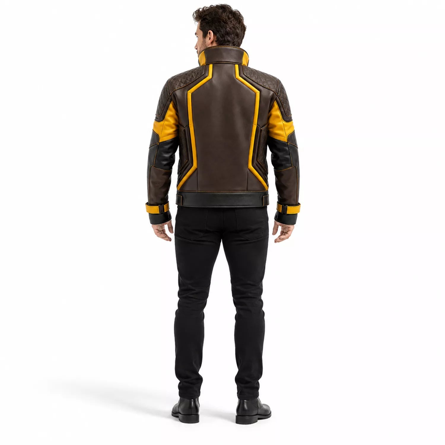 Men’s Brown Yellow Leather Moto Jacket | High Collar Biker Style Jacket