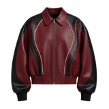 Men’s Burgundy Black Leather Bomber Jacket | Zip-Up Contrast Panel Jacket