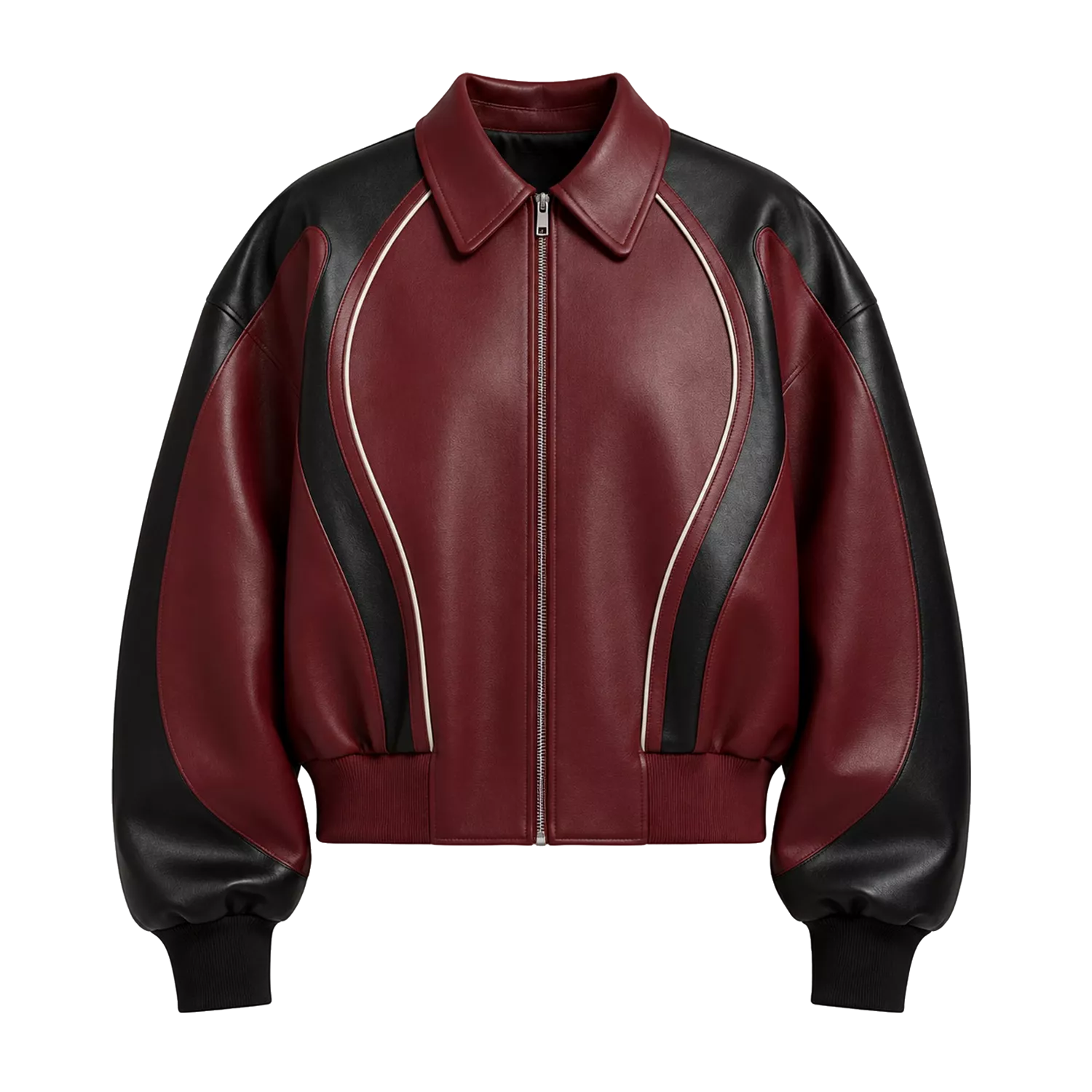 Men’s Burgundy Black Leather Bomber Jacket | Zip-Up Contrast Panel Jacket