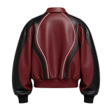 Men’s Burgundy Black Leather Bomber Jacket | Zip-Up Contrast Panel Jacket