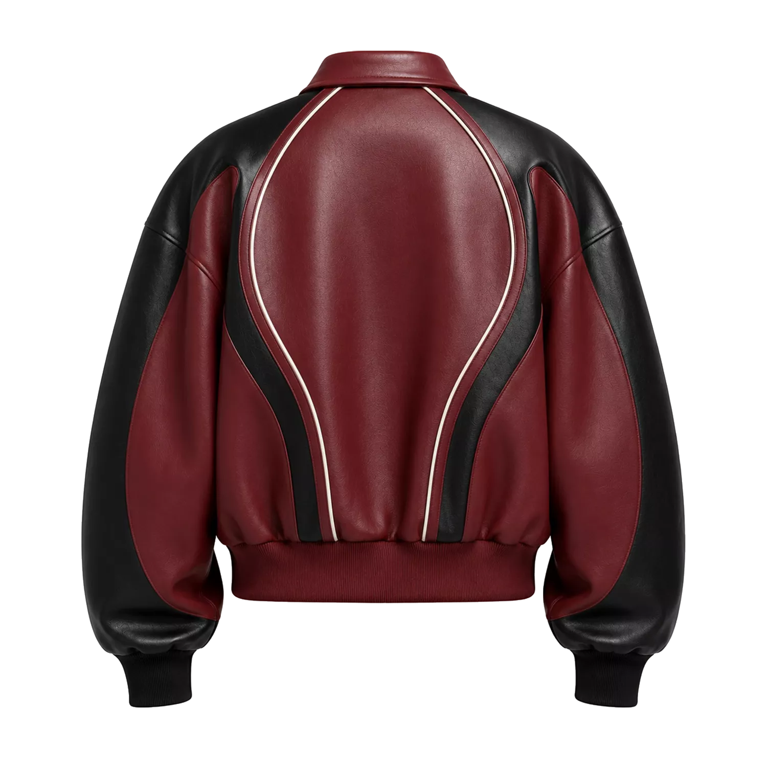 Men’s Burgundy Black Leather Bomber Jacket | Zip-Up Contrast Panel Jacket