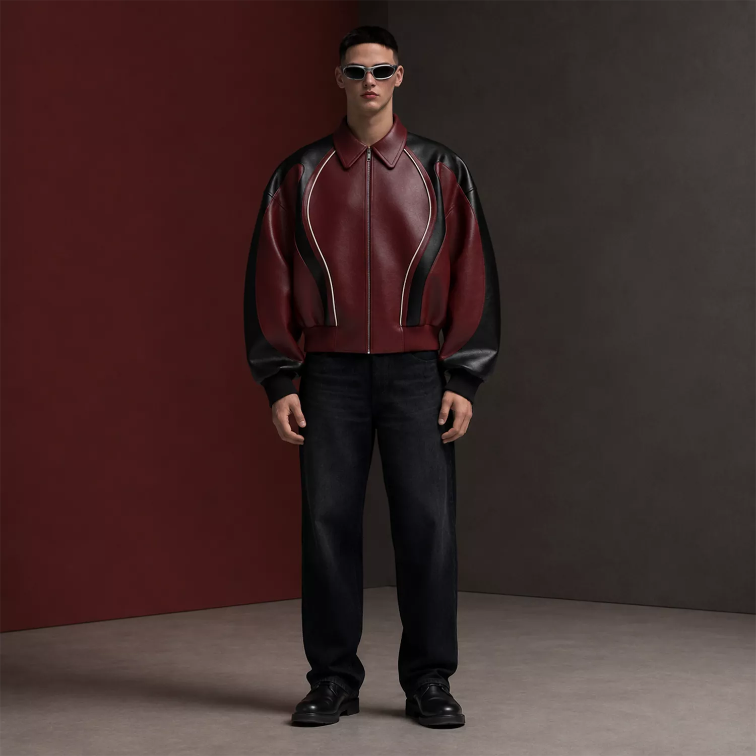 Men’s Burgundy Black Leather Bomber Jacket | Zip-Up Contrast Panel Jacket