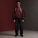 Men’s Burgundy Black Leather Bomber Jacket | Zip-Up Contrast Panel Jacket