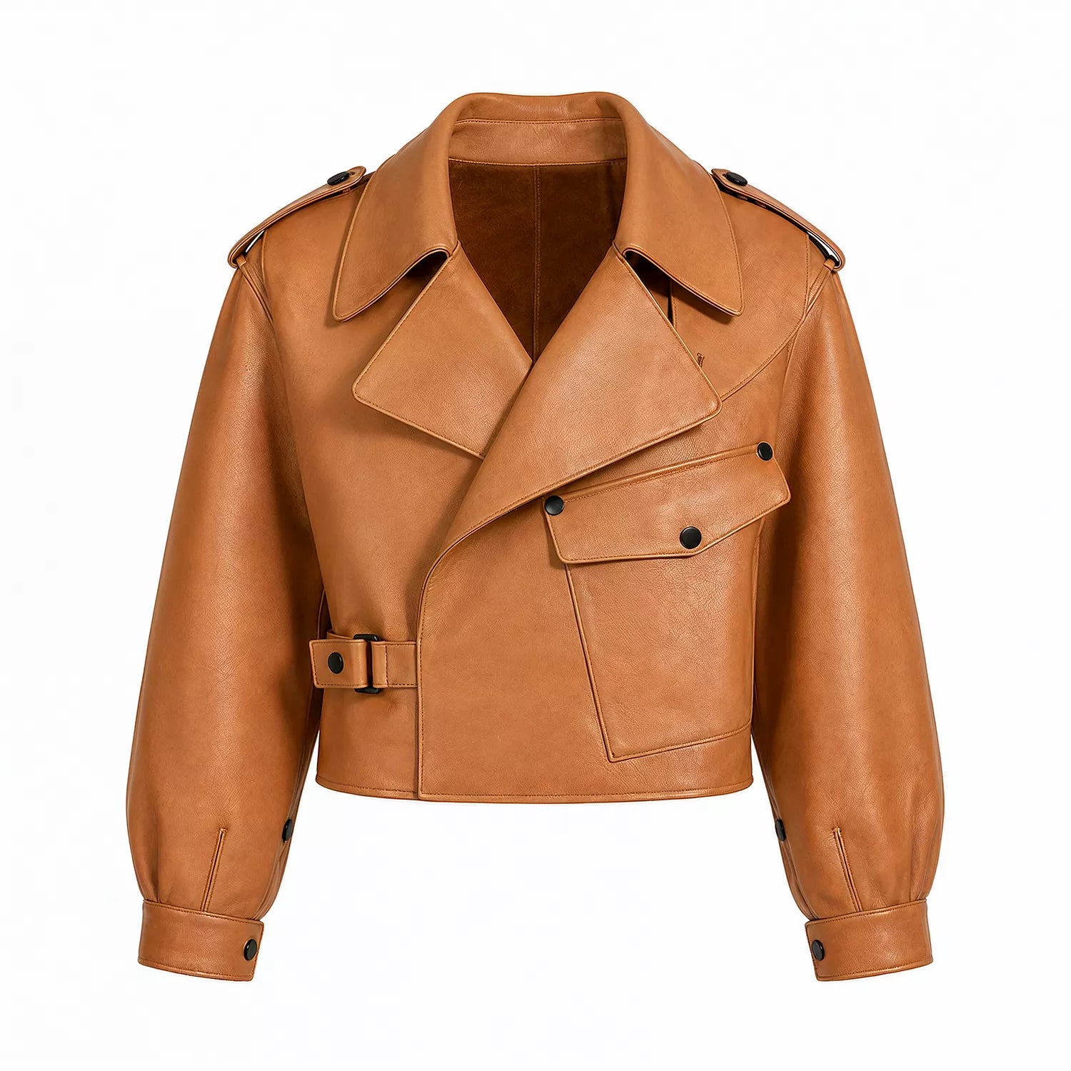 Women’s Tan Cropped Leather Biker Jacket | Asymmetric Moto Style Jacket