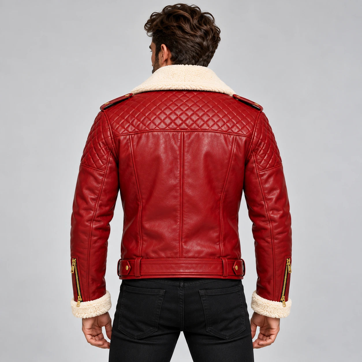 Men's Christmas Red Shearling Leather Biker Jacket – Quilted Moto Style