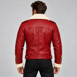 Men's Christmas Red Shearling Leather Biker Jacket – Quilted Moto Style