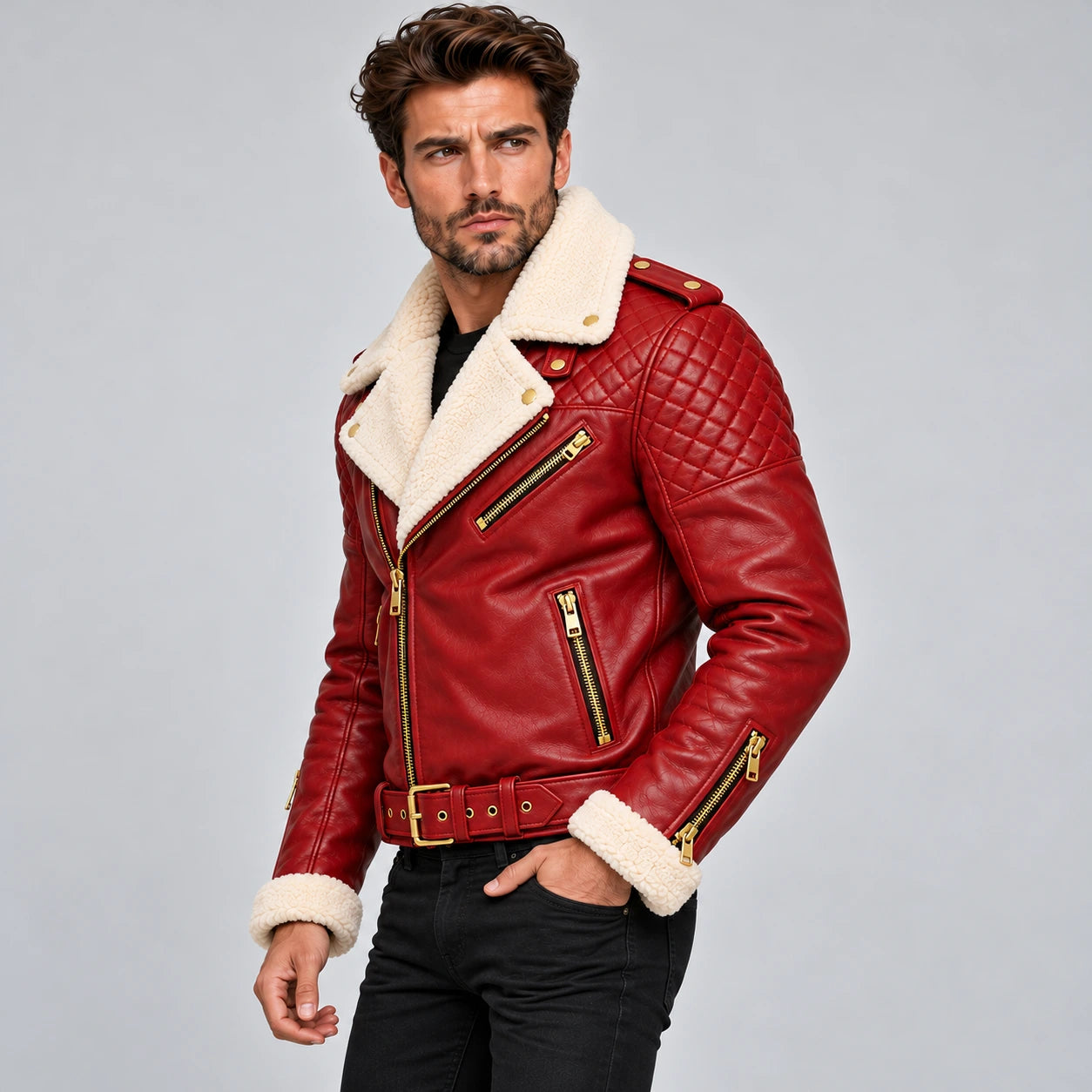 Men's Christmas Red Shearling Leather Biker Jacket – Quilted Moto Style