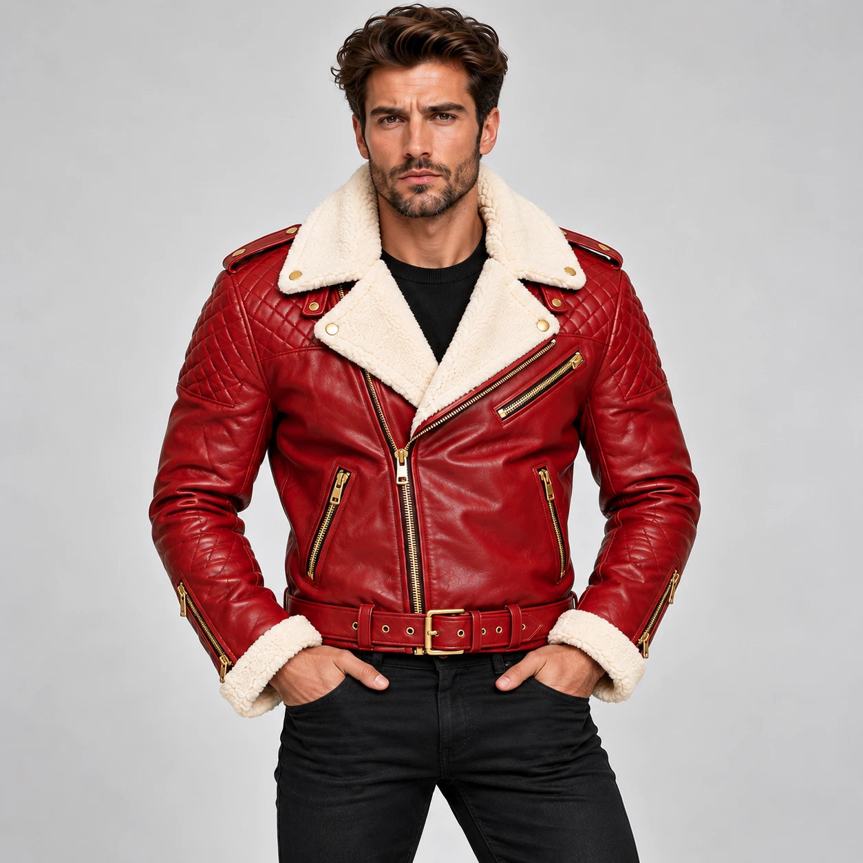 Men's Christmas Red Shearling Leather Biker Jacket – Quilted Moto Style